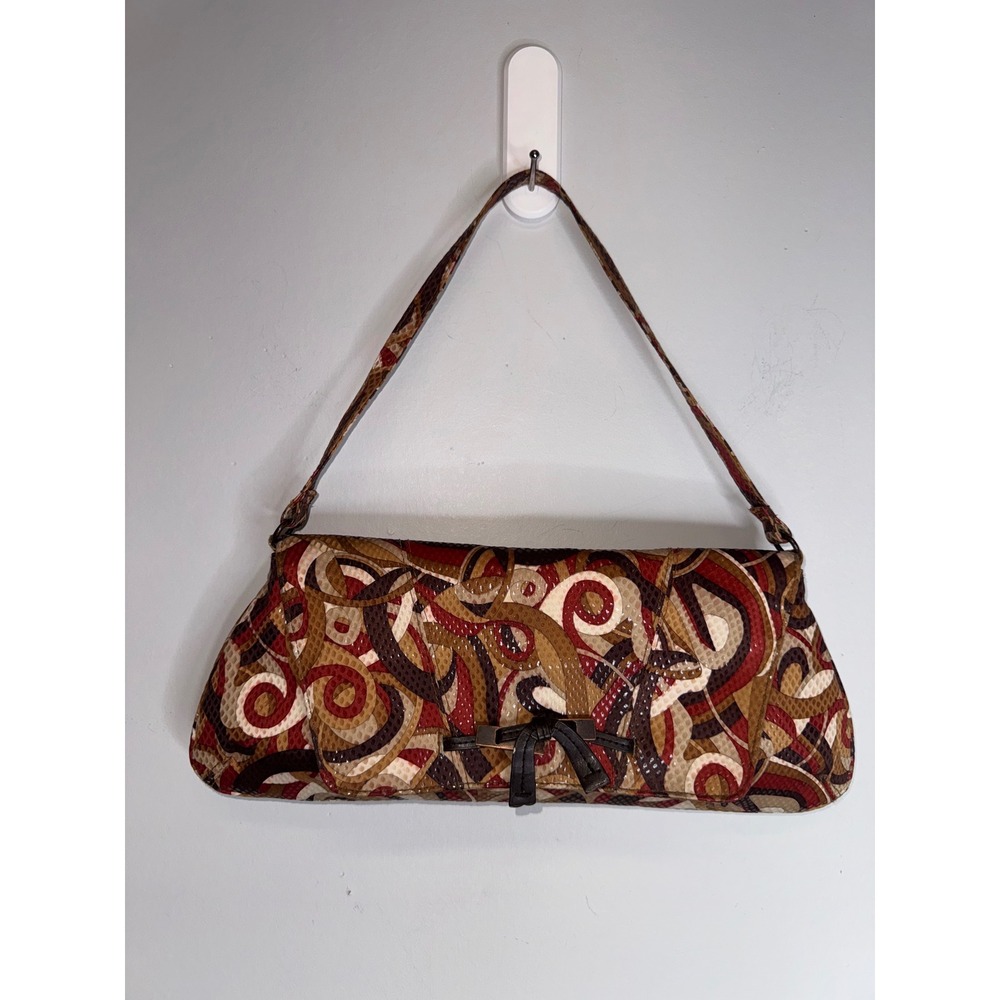 Vintage Y2K Baguette Shoulder Bag Earth Tone Swirl Faux Snakeskin Print Brown